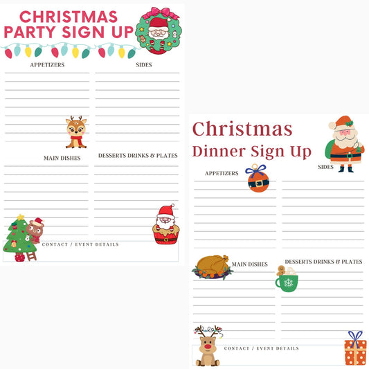 Screenshot preview of two unique Christmas Sign Up Sheets! They are both printable PDFs with a place to sign up for appetizers, sides, main dishes, desserts, drinks, and plates, as well as, a plate to include event details and contact information.