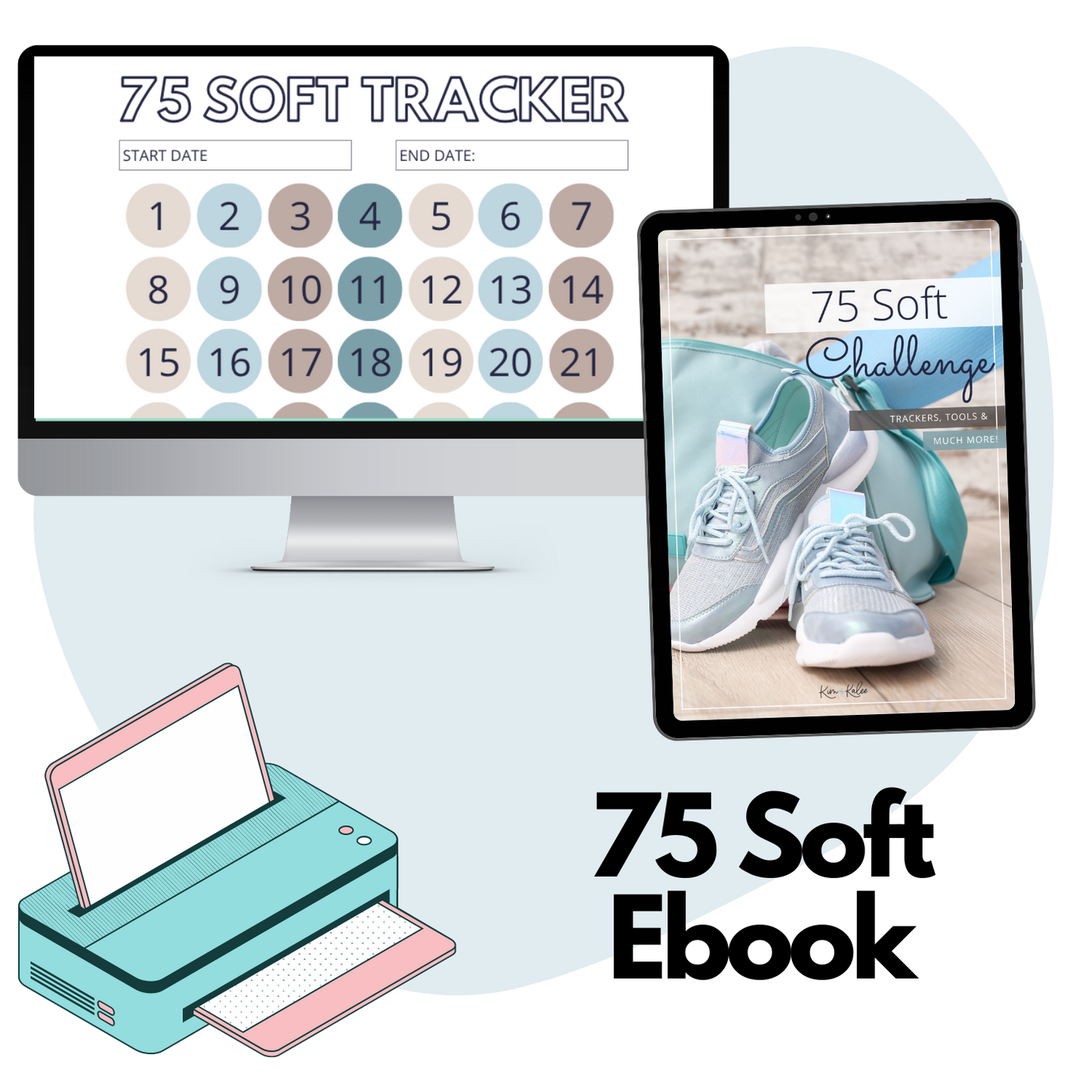 collage of the front page of the 75 soft pdf printable and a tracker