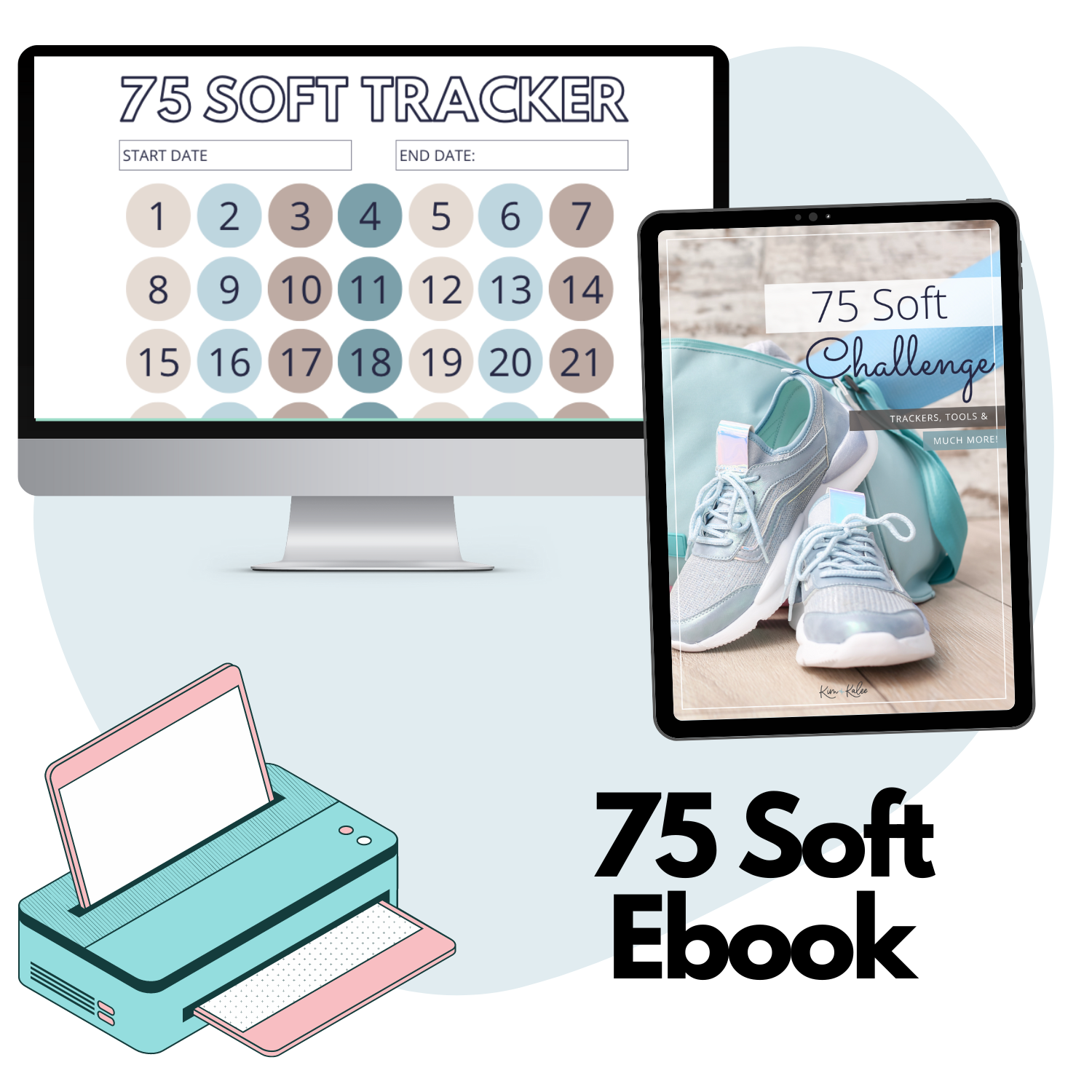 collage of the front page of the 75 soft pdf printable and a tracker