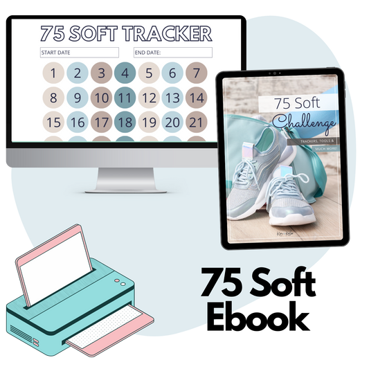 collage of the front page of the 75 soft pdf printable and a tracker