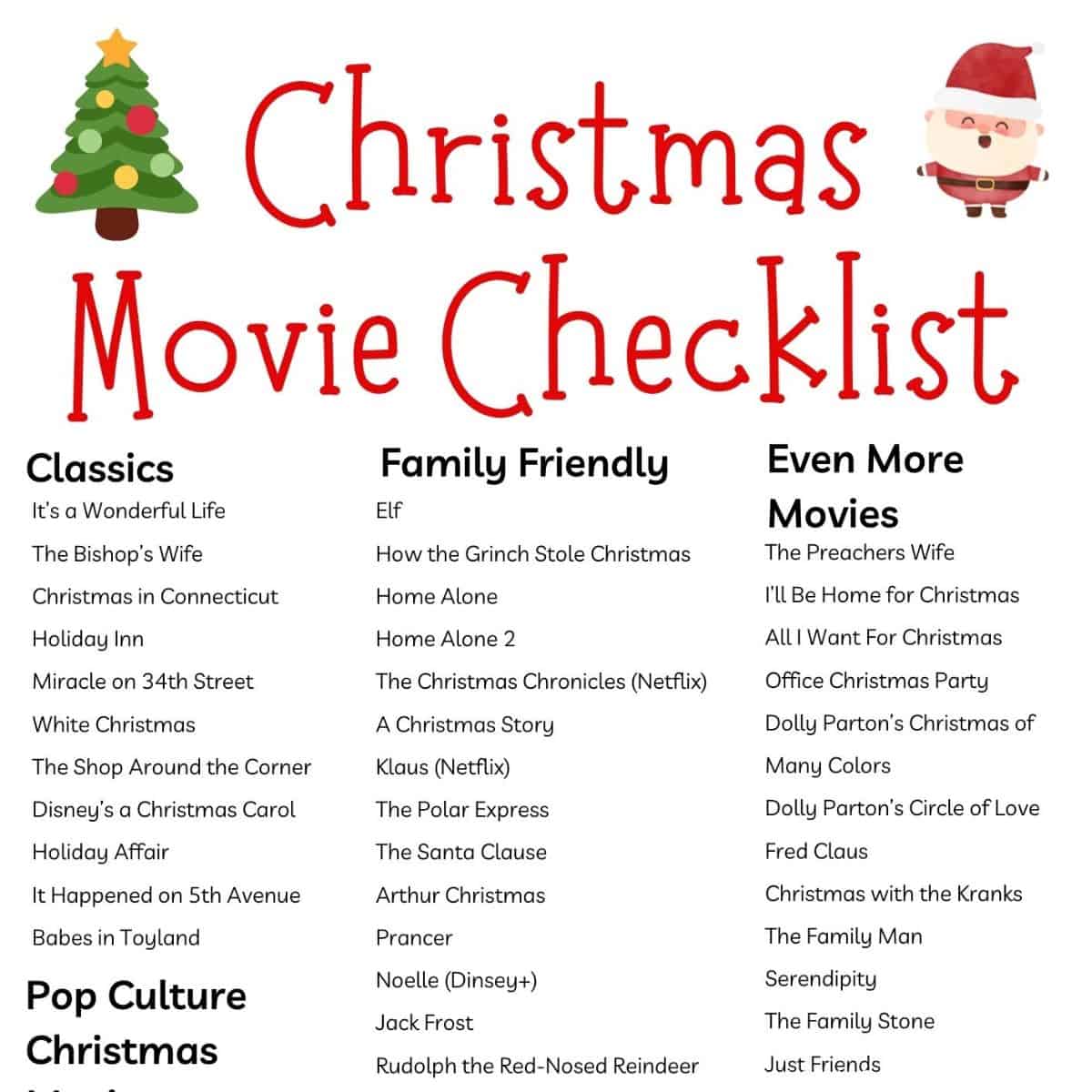 sneak peek at the printable Christmas Movie Checklist PDF