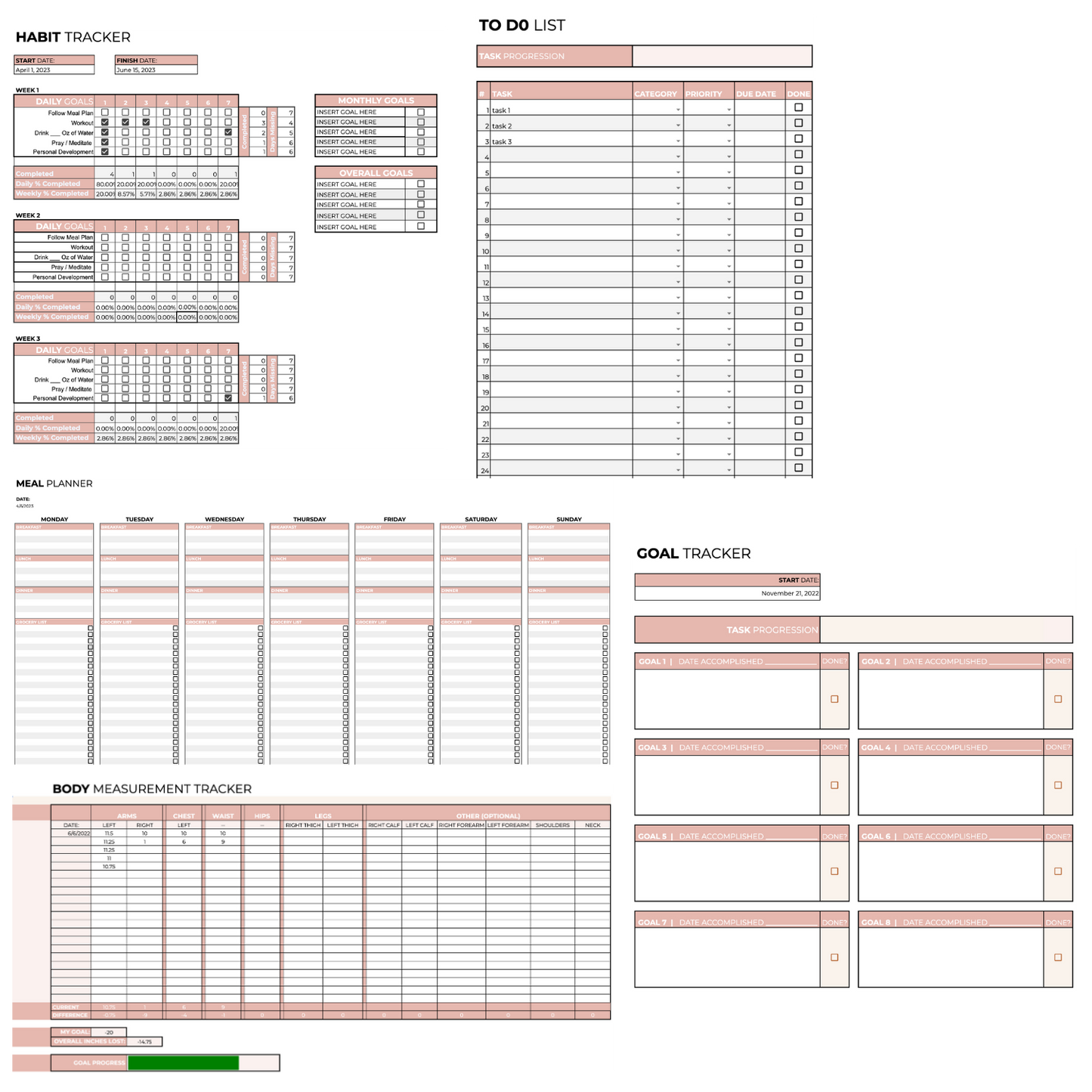 5 of the 8 fitness and health trackers - the habit tracker, to do list, meal planner, goal tracker, and body measurement chart