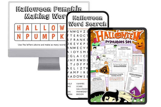 sneak peek at 3 of the pages inside the printable Halloween activity book and worksheet