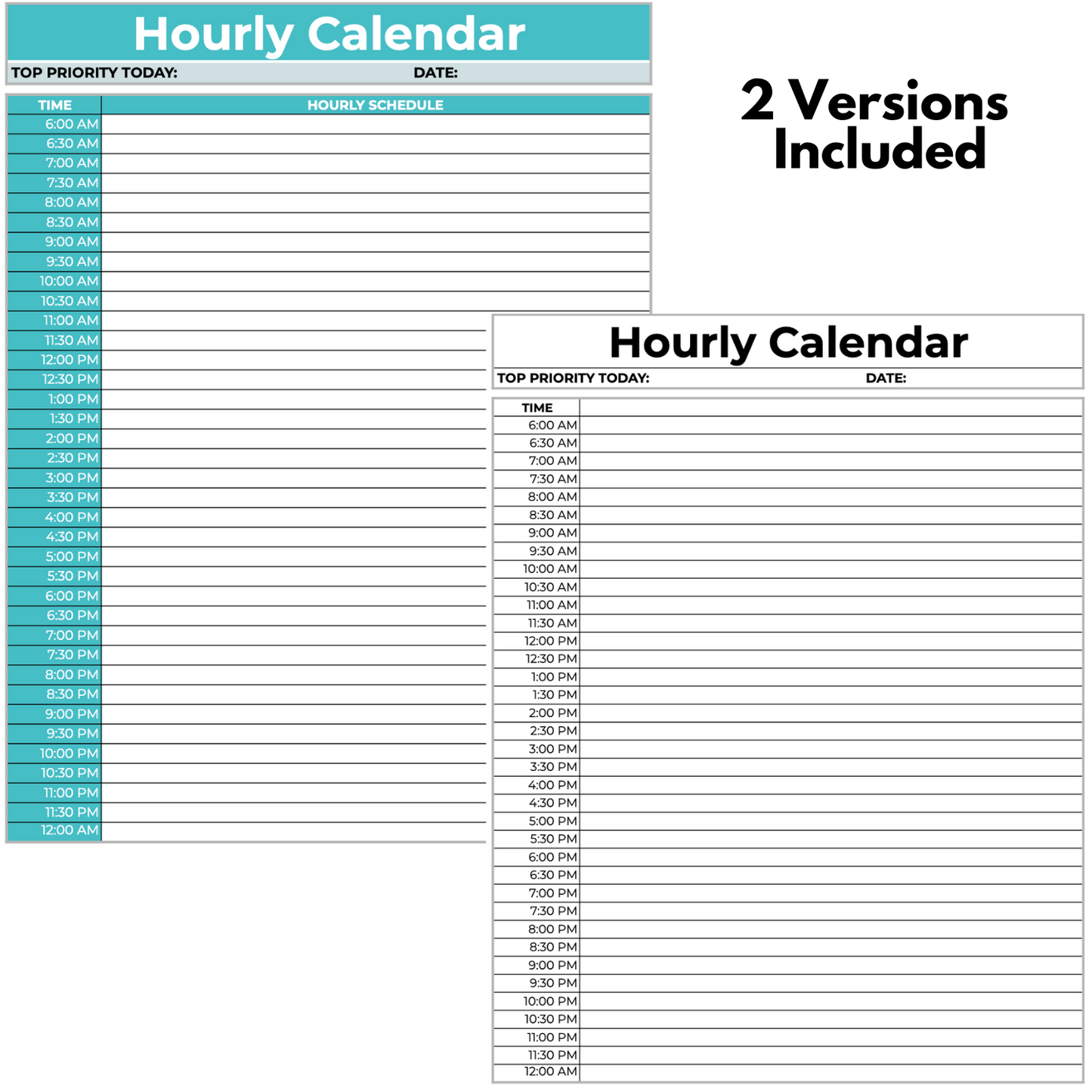 a color and black and white copy of the hourly calendar planner