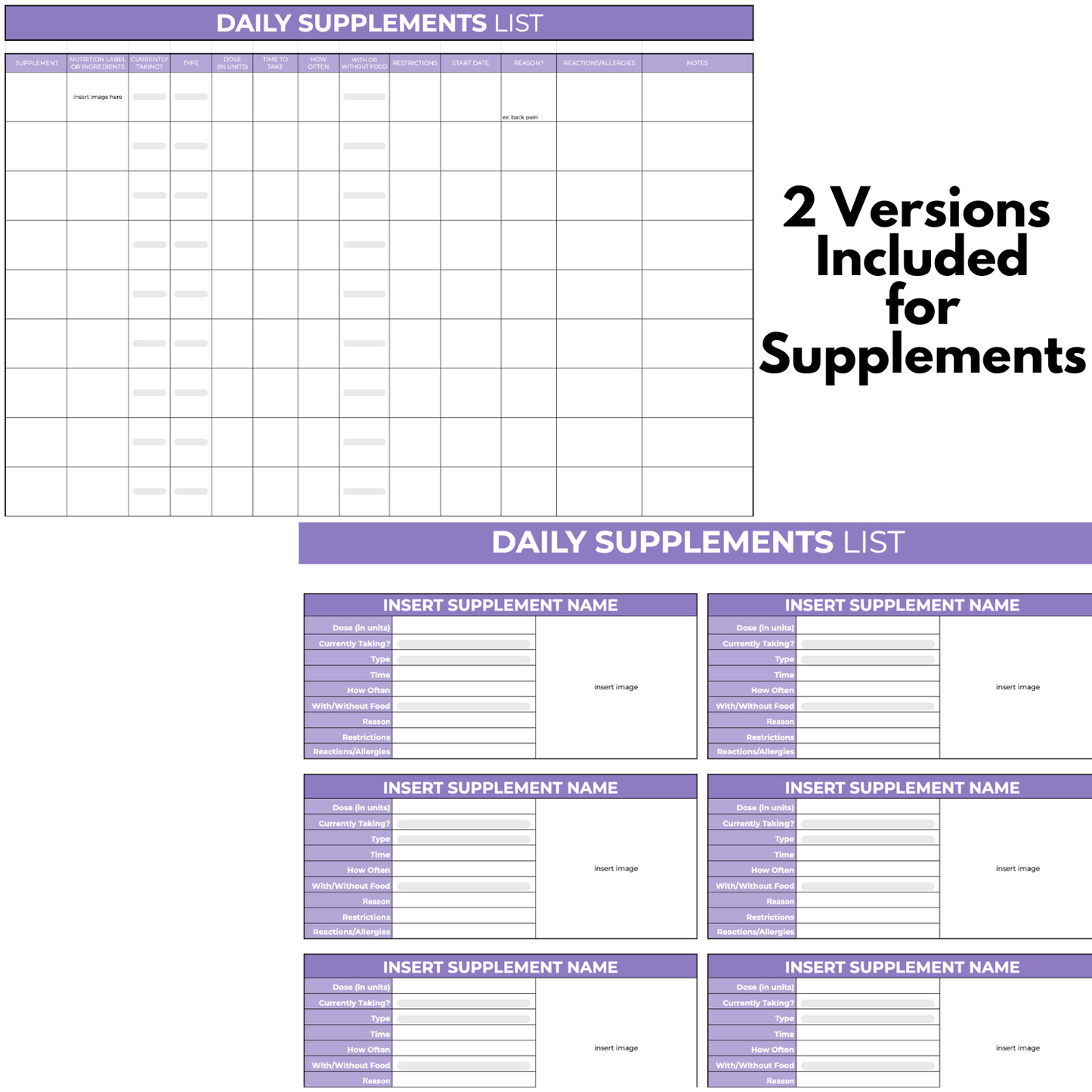 both versions of the daily supplement lists (screenshots)
