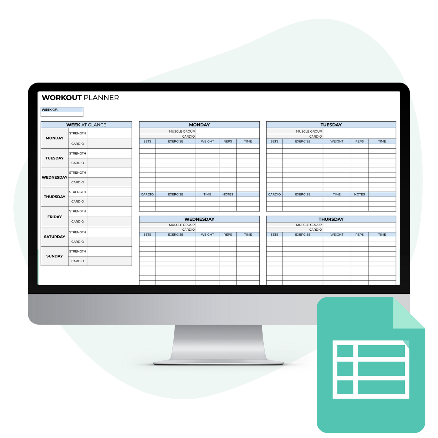 workout planner on a desktop computer mockup - google sheets icon on the bottom right