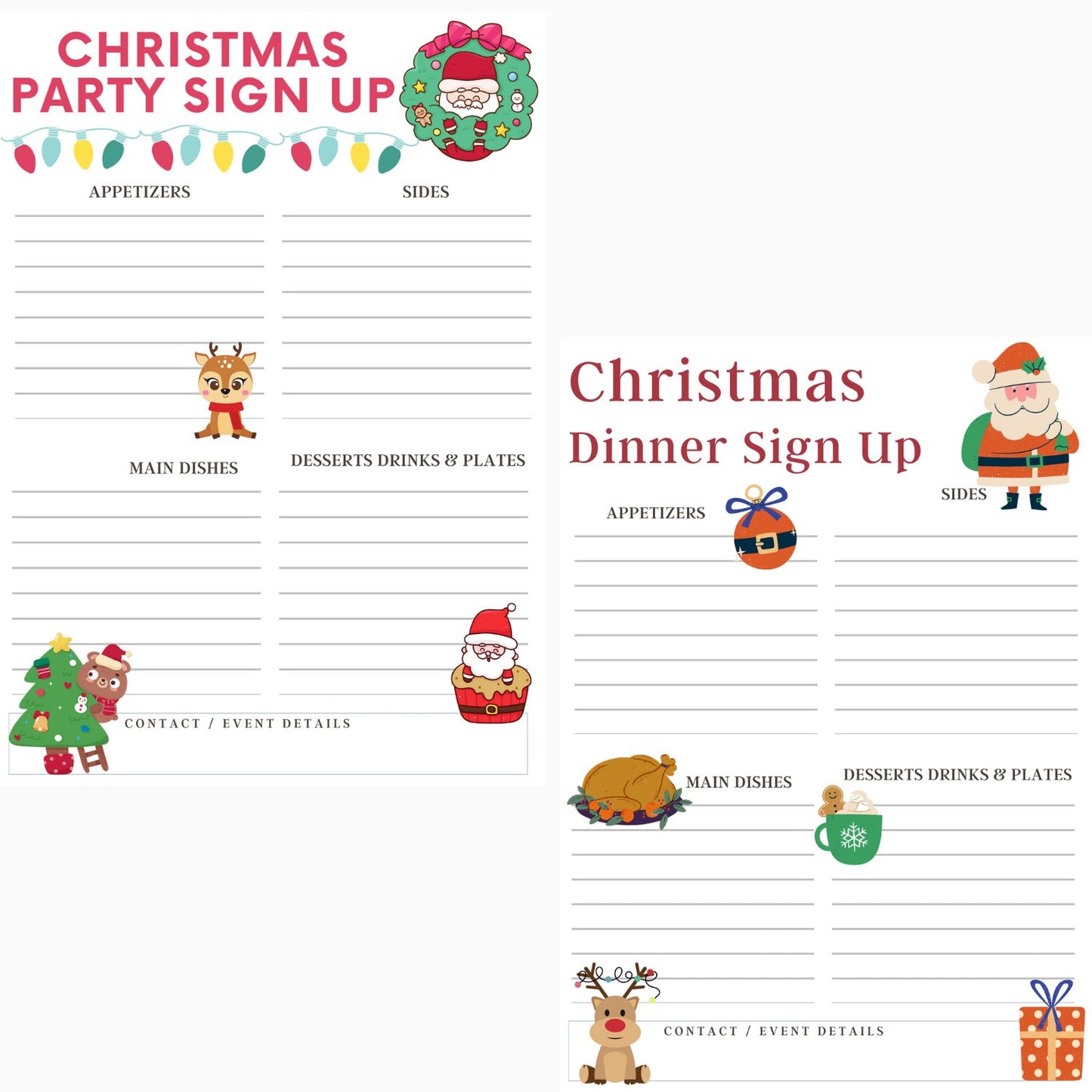 Screenshot preview of two unique Christmas Sign Up Sheets! They are both printable PDFs with a place to sign up for appetizers, sides, main dishes, desserts, drinks, and plates, as well as, a plate to include event details and contact information.