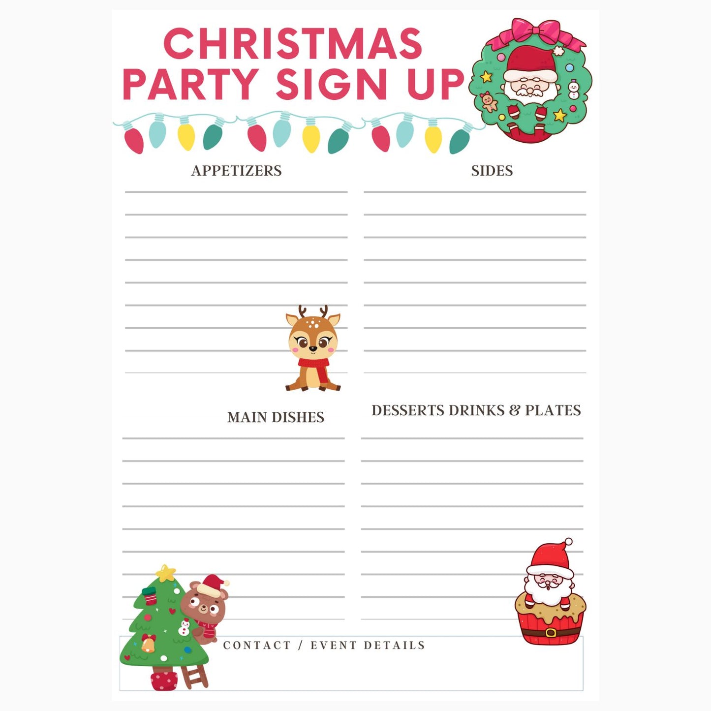 Printable Christmas Potluck Party Sign Up Sheet
