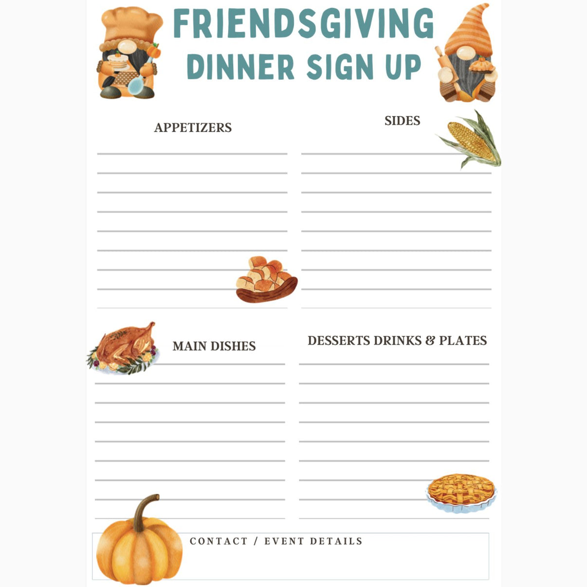 Printable Friendsgiving Potluck Sign Up Sheet (PDF) Kim and Kalee