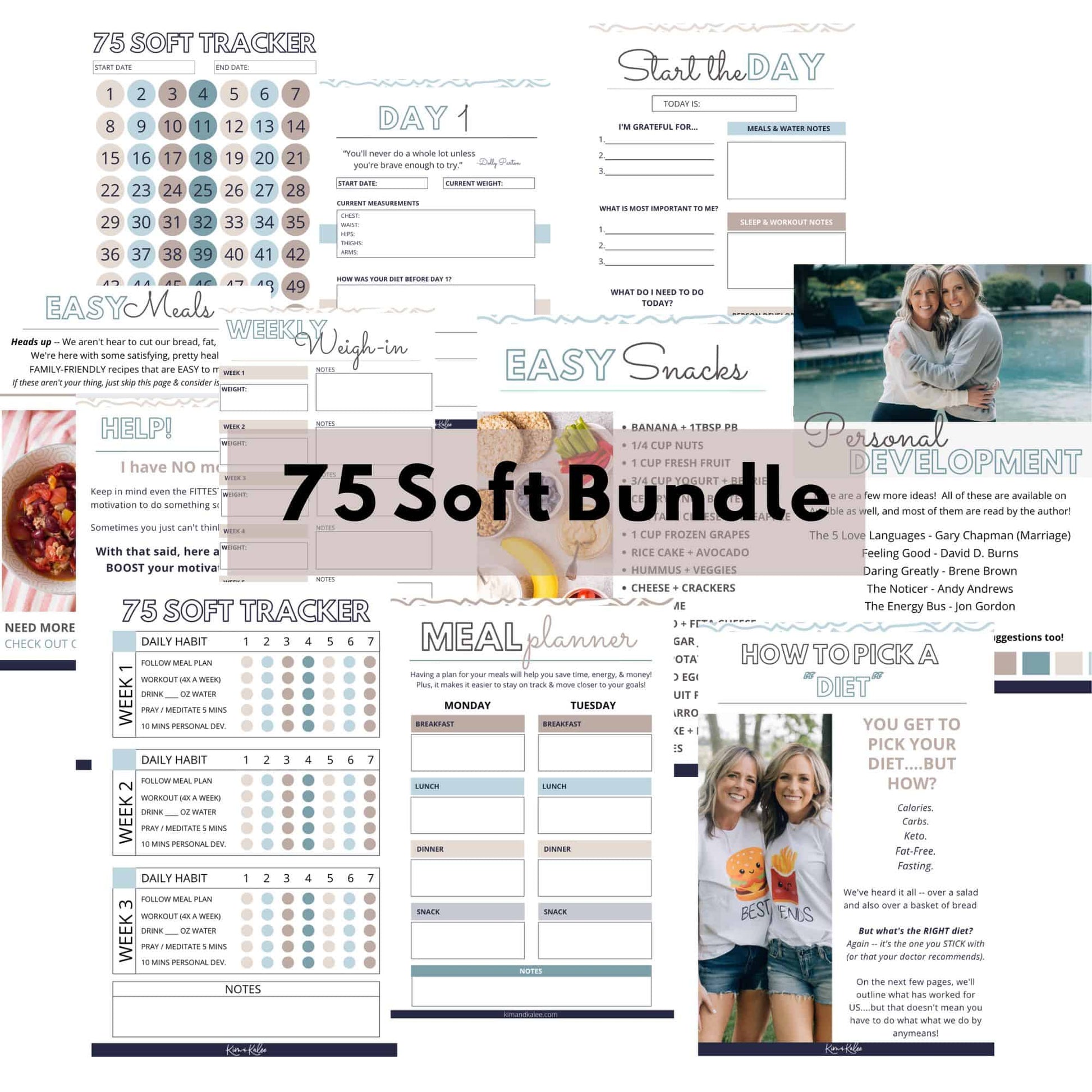 Sample of the 75 Soft Challenge PDF Printable Book including a 75 Soft Tracker, daily planner, easy meal plan ideas, recipes, and how to pick a diet.