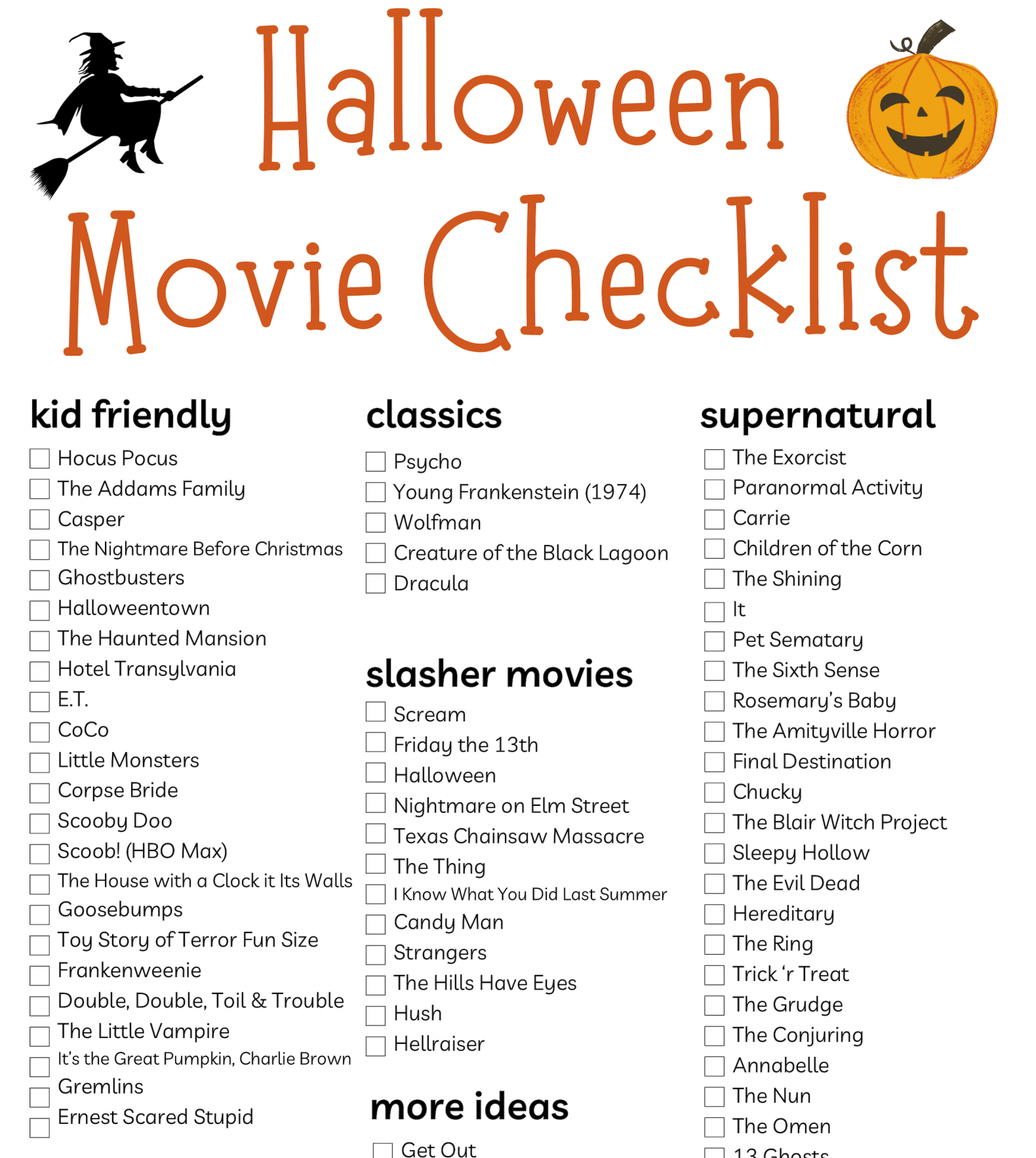 Printable Halloween Movie Checklist PDF Kim and Kalee