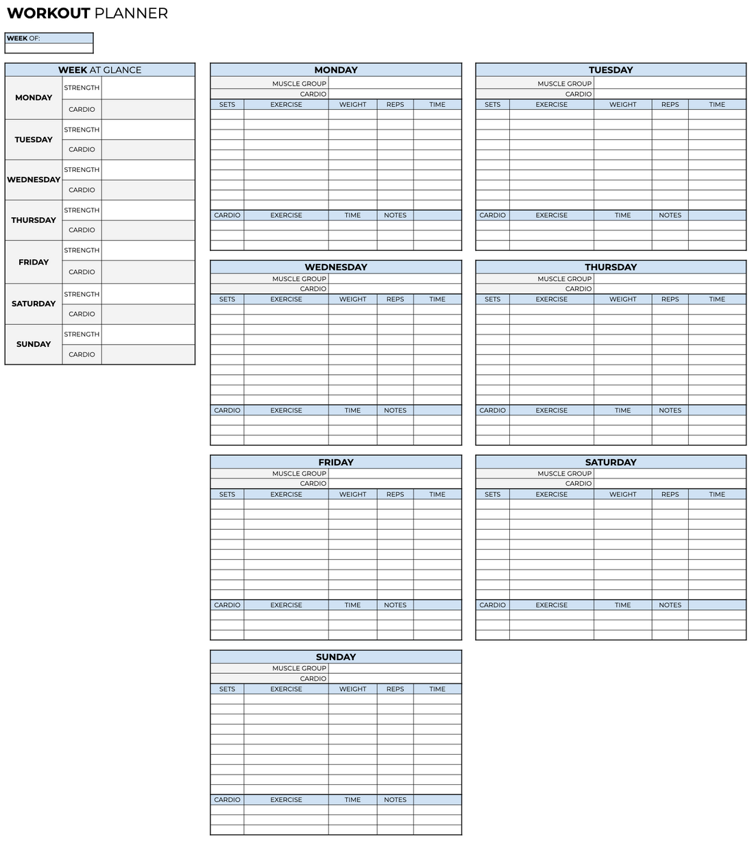 Workout Routine Excel Book Weekly Workout Plan Template Excel or Google Sheets – Kim and Kalee
