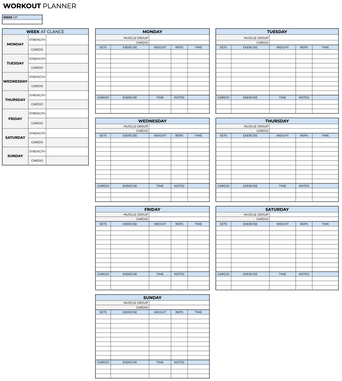 Weekly Workout Plan Template Excel or Google Sheets – Kim and Kalee