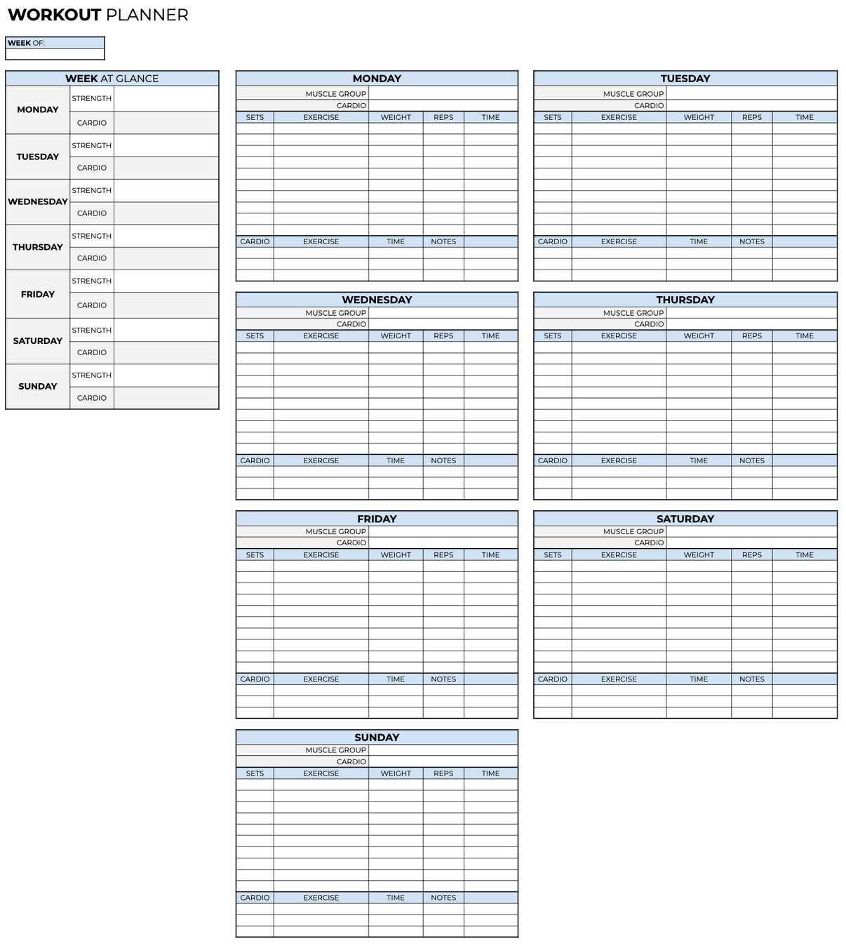 Weekly Workout Plan Template Excel or Google Sheets – Kim and Kalee