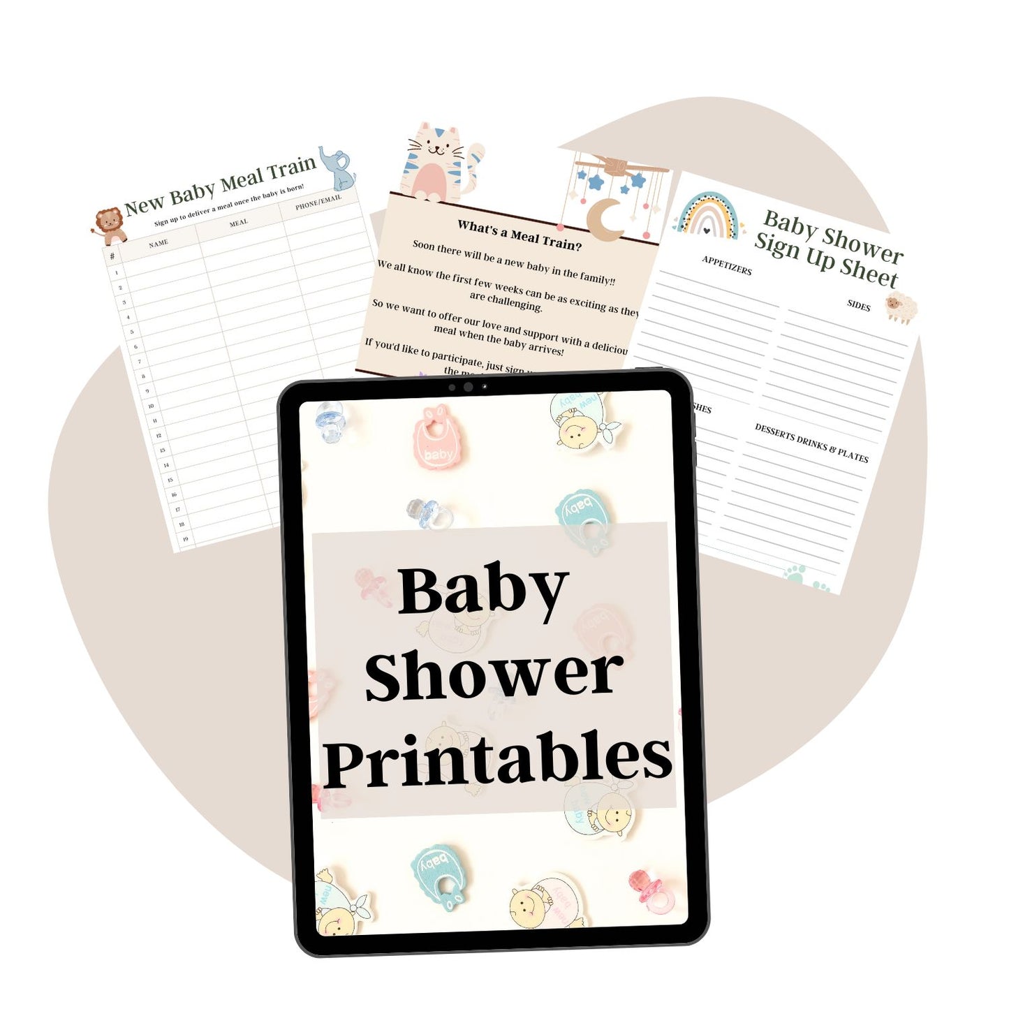 collage of the 3 baby shower printables - includes a baby shower sign up sheet and new baby meal train printable