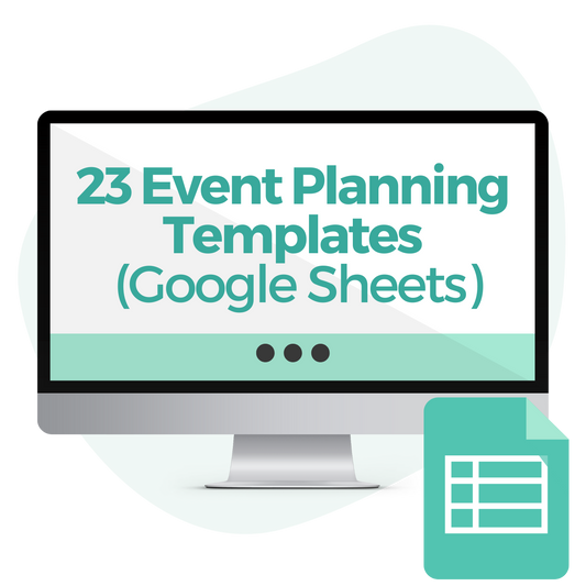laptop prop image with the text overlay 23 event planning templates (google sheets) with excel logo