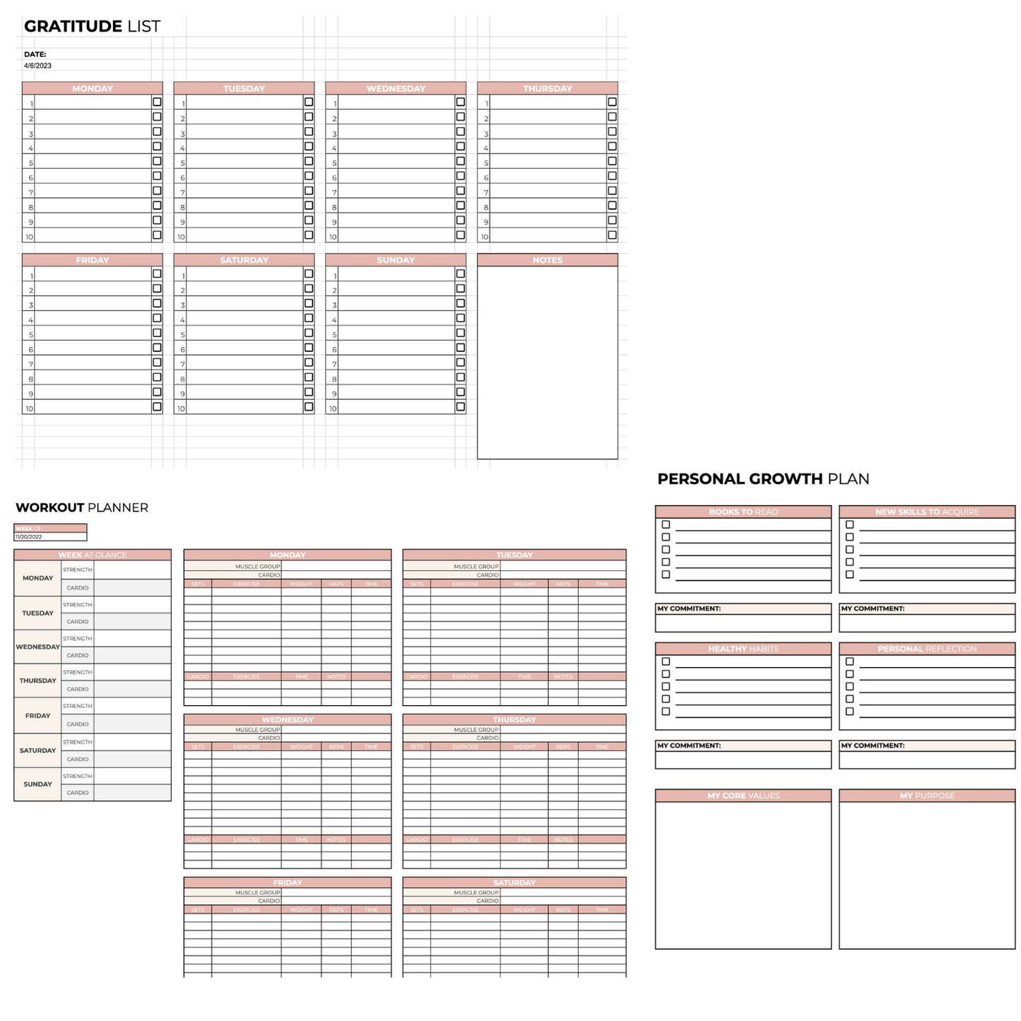 collage of 3 of the spreadsheets - the gratitude list, workout planner, and personal growth planner