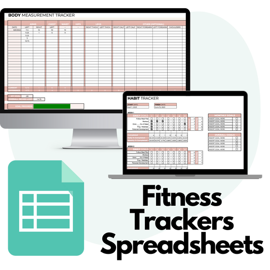 collage of 2 of the 8 fitness tracker spreadsheets