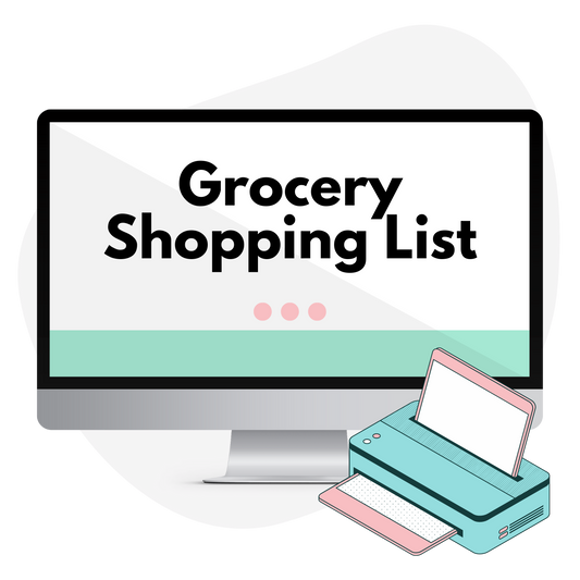 prop computer image with a printer and text overlay grocery shopping list