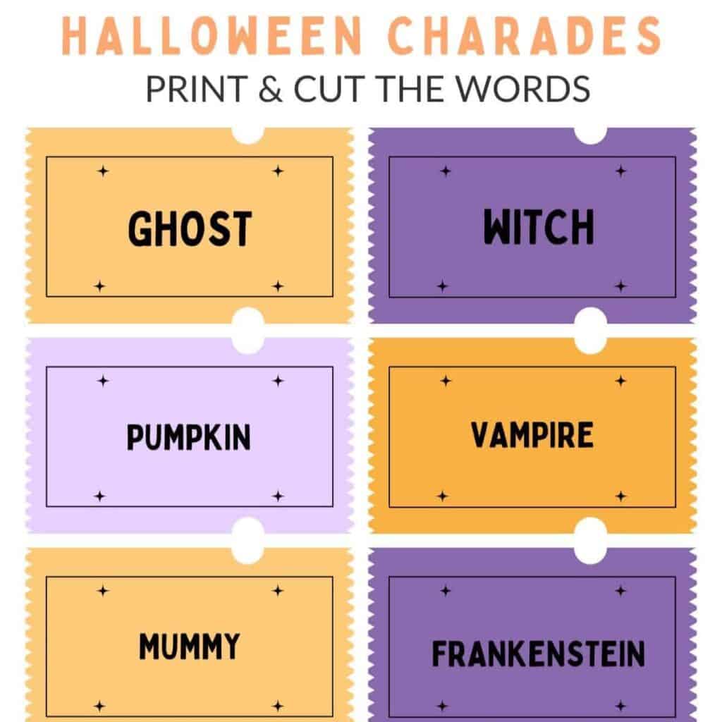 sample of the halloween charade cards - print and cut the words out