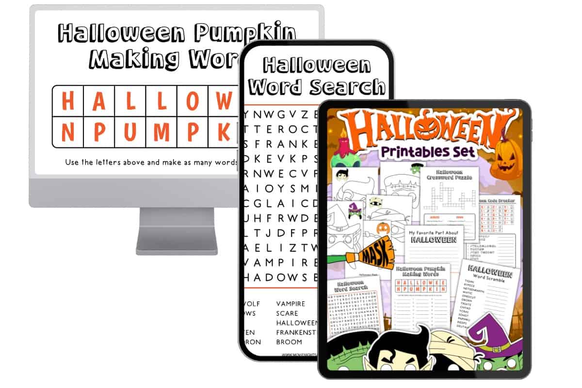 sneak peek at 3 of the pages inside the printable Halloween activity book and worksheet