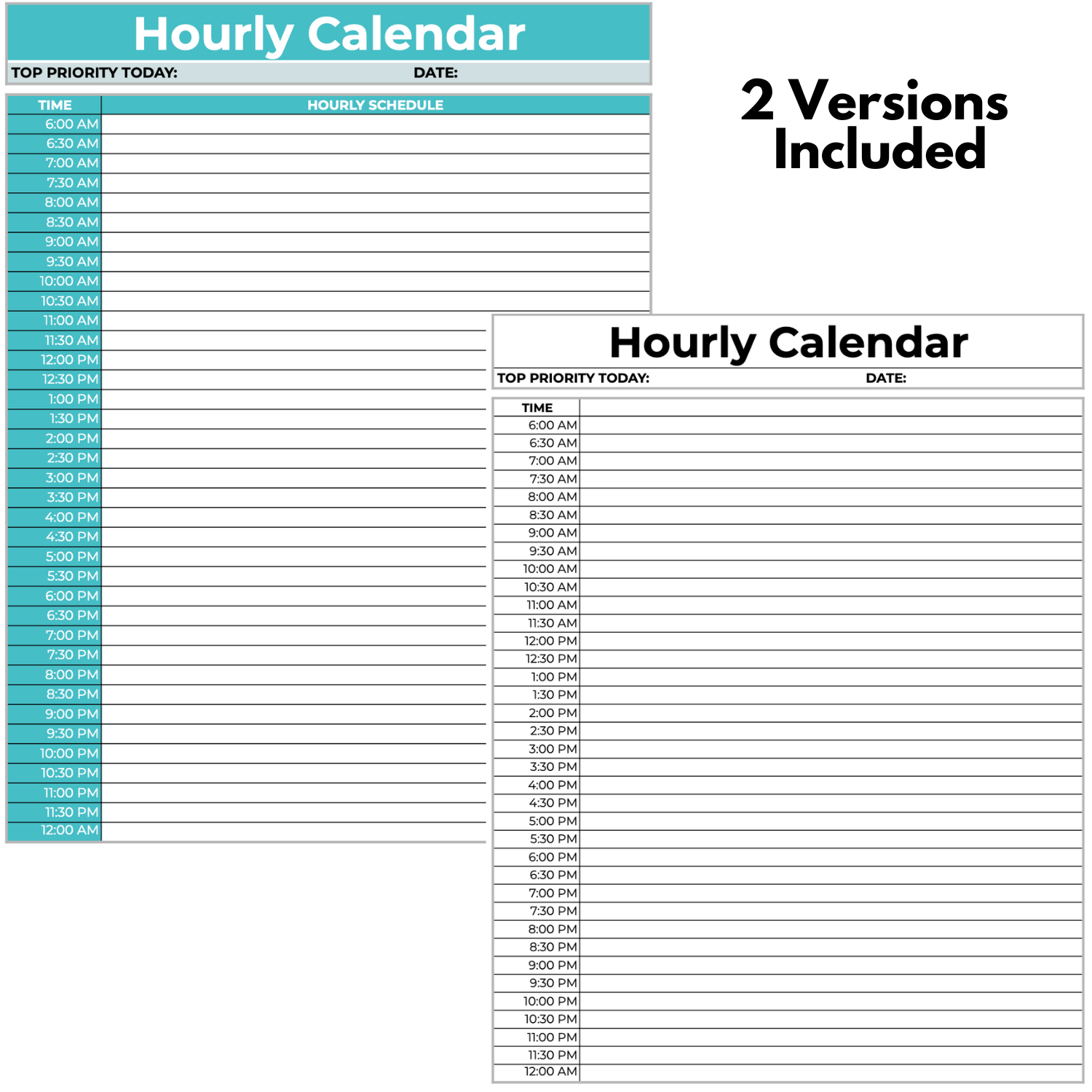 a color and black and white copy of the hourly calendar planner