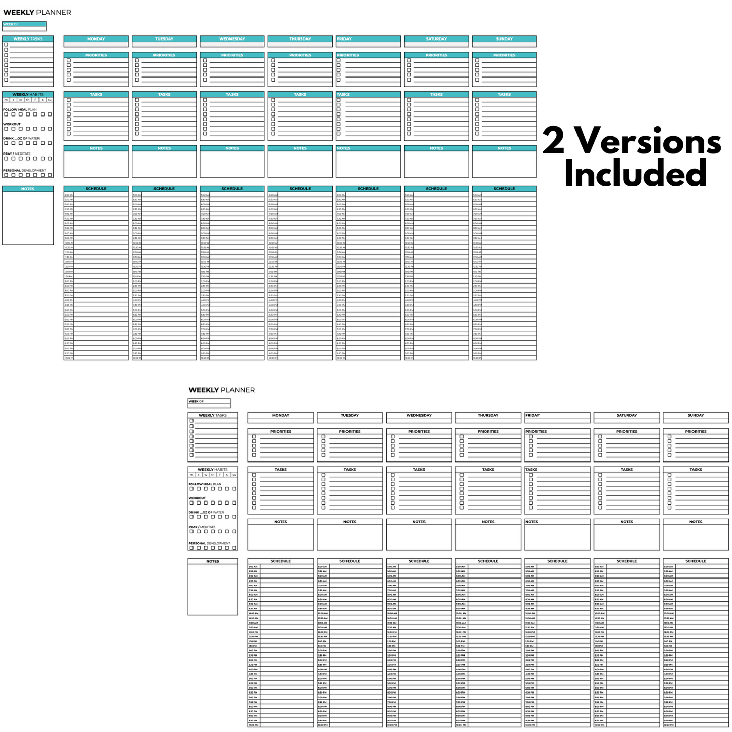 a color and black and white copy of the weekly planner spreadsheet