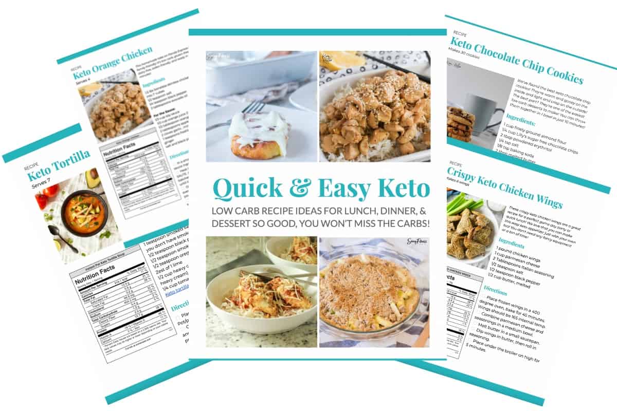Cover of the Lazy Keto Family Meals for Beginners book with quick & easy recipes. You can see the Keto Chocolate Chip Cookies, Chicken Wings, Orange Chicken Dinner, and Keto Tortilla Soup recipes in the background.