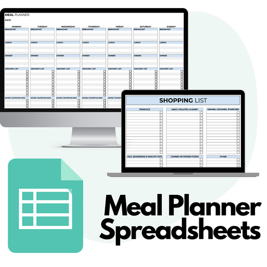 Two screenshots of the meal planner and shopping list spreadsheets on a computer and laptop - google sheets icon on the bottom left