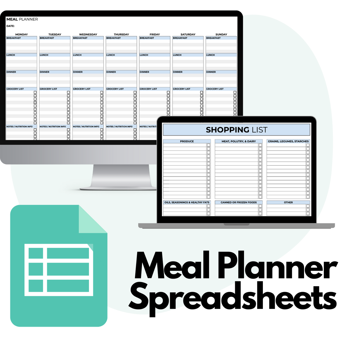 Weekly Meal Planning Spreadsheet Template & Shopping List (Google Shee