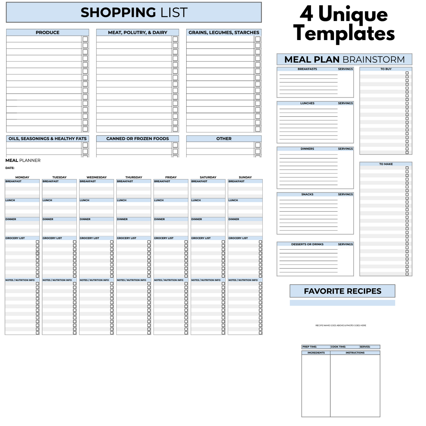 collage of the 4 meal planners, recipes, and grocery list printables