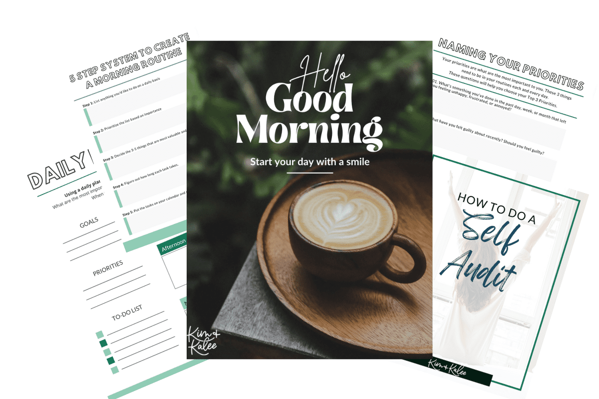 Cover of the printable Morning Routine For Success System and 4 peeks at the inside pages -- including how to do a self audit, priorities sheet, creating your morning routine, and daily planner.
