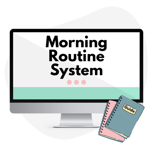 mock computer with text overlay morning routine system and a notebook guide icon
