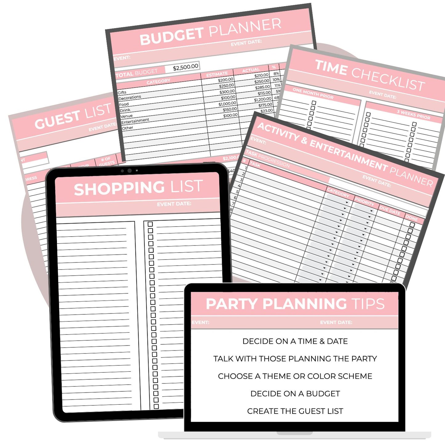 6 pages inside the printable party planner and editable spreadsheets including - activity planner, party planning tips, shopping list, guest list, budget planner, and an event planning checklist.