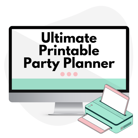 computer mockup with the text overlay Ultimate Printable Party Planner with a printer icon on the bottom right