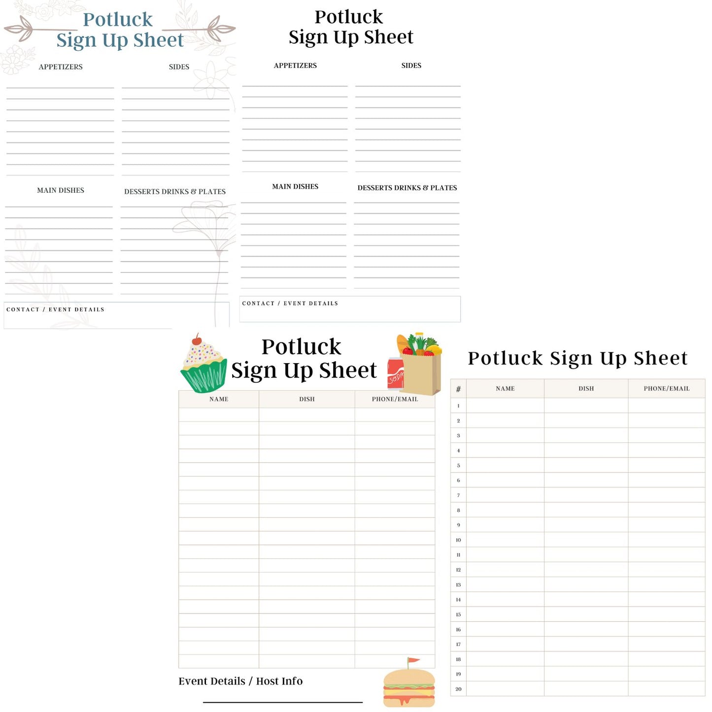 generic printable potluck sign up sheets