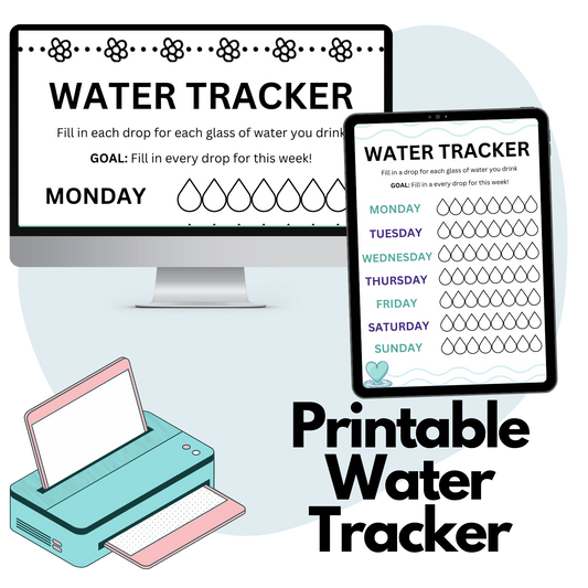 Text overlay says Printable Water Tracker - two screenshots of a black and white and color version of the water tracker and a printer icon on the bottom left