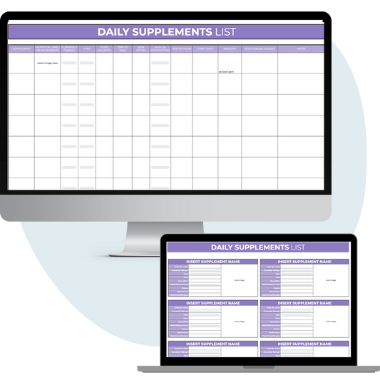 screenshot of the daily supplements list - both templates featured on a computer and laptop